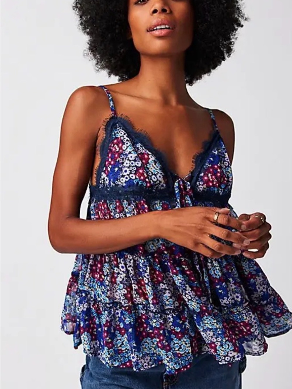 Free People Merries Garden Top Blue Combo Floral Lace Babydoll Tank XS